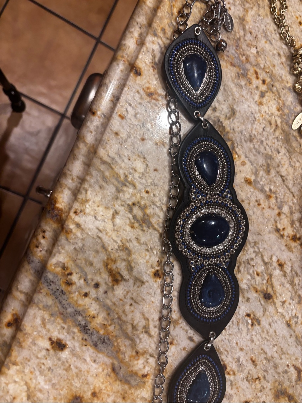 Chico's Navy and Silver Beaded Statement Belt